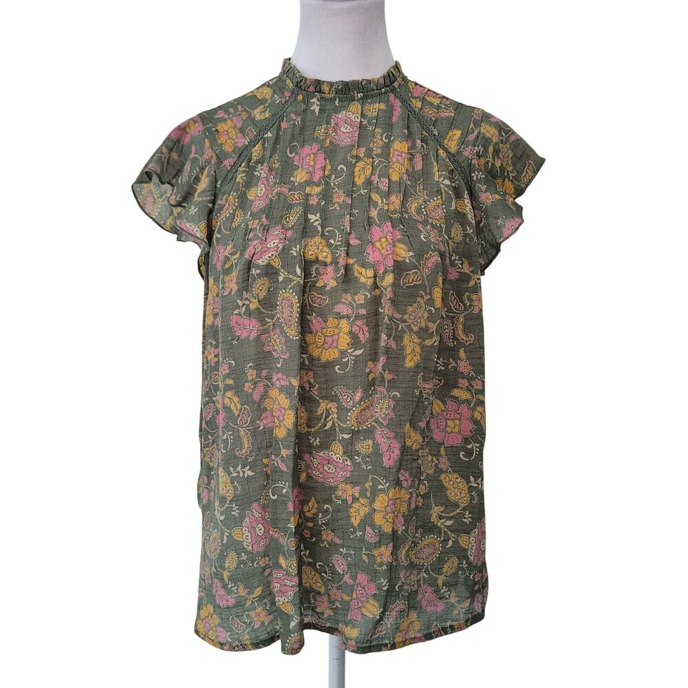 Nanette Lepore Size S Olive Green Floral High Neck Pleated Blouse Romantic